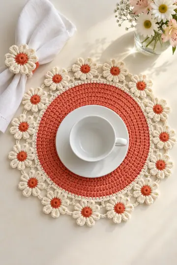 Coral Daisy Placemat and Napkin Ring Crochet Pattern