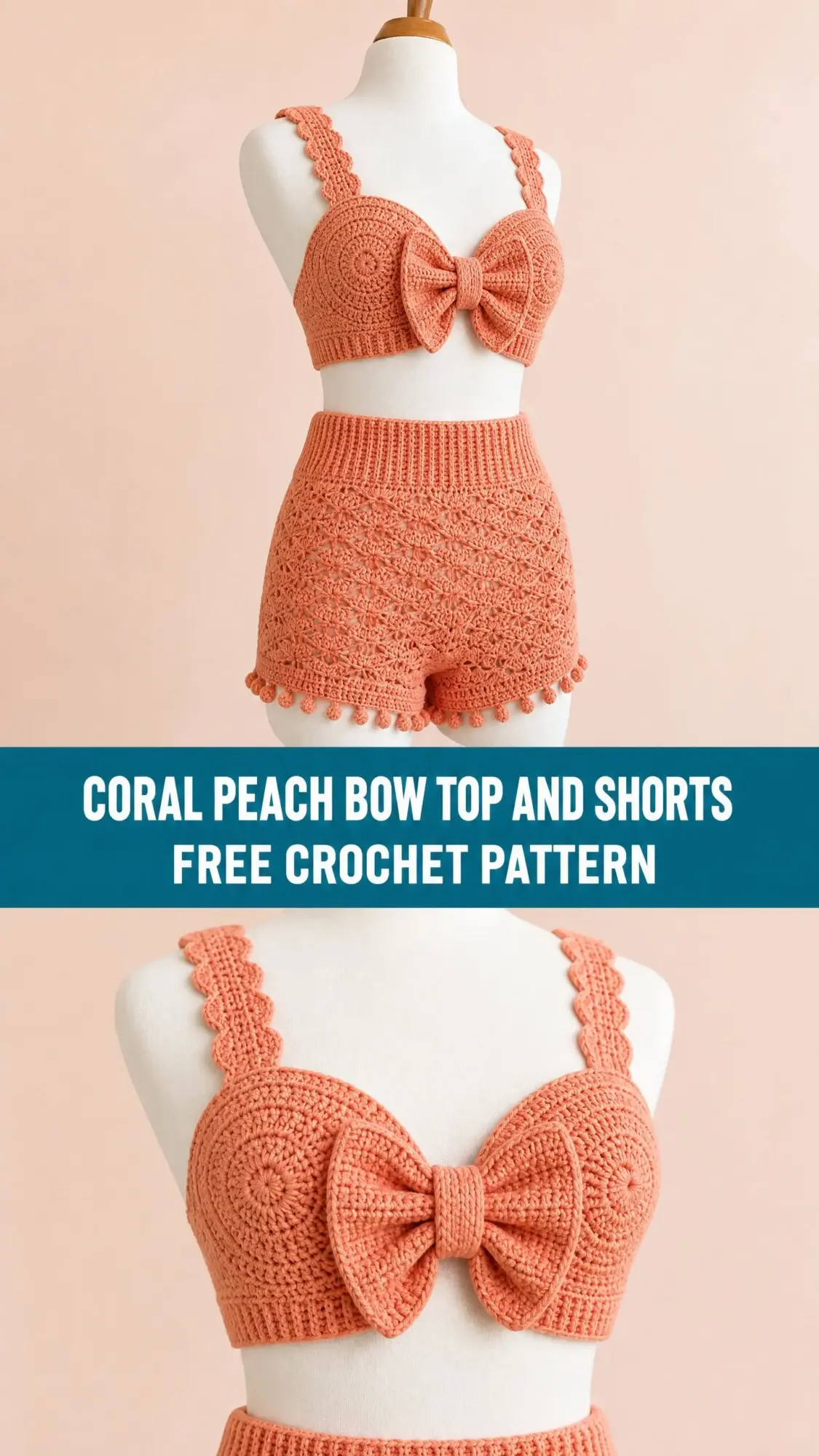Coral Peach Bow Top and Shorts Free Crochet Pattern