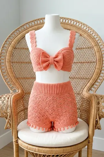 Coral Peach Bow Top and Shorts Free Crochet Pattern