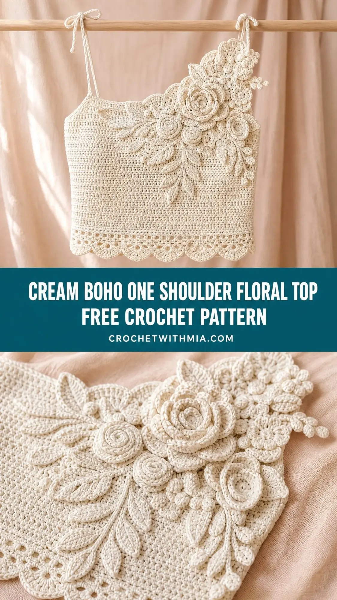 Cream Boho One Shoulder Floral Top Free Crochet Pattern