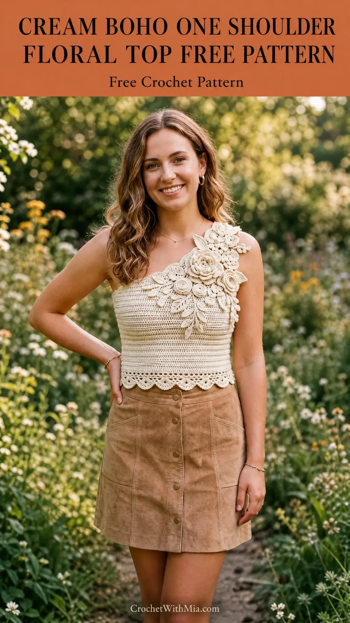Cream Boho One Shoulder Floral Top Free Crochet Pattern