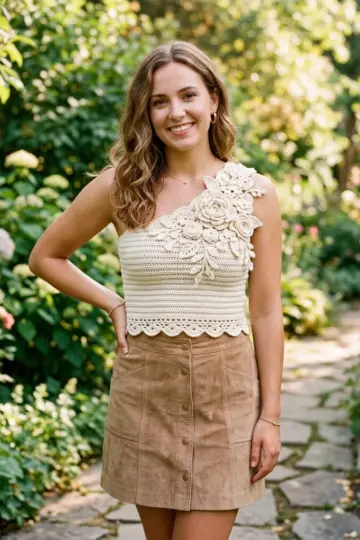 Cream Boho One Shoulder Floral Top Free Crochet Pattern