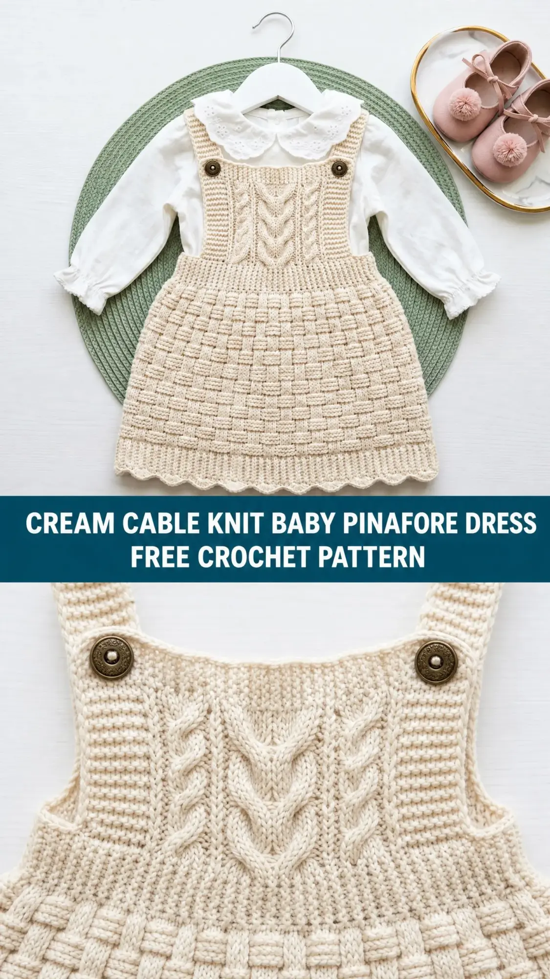 Cream Cable Knit Baby Pinafore Dress Free Crochet Pattern