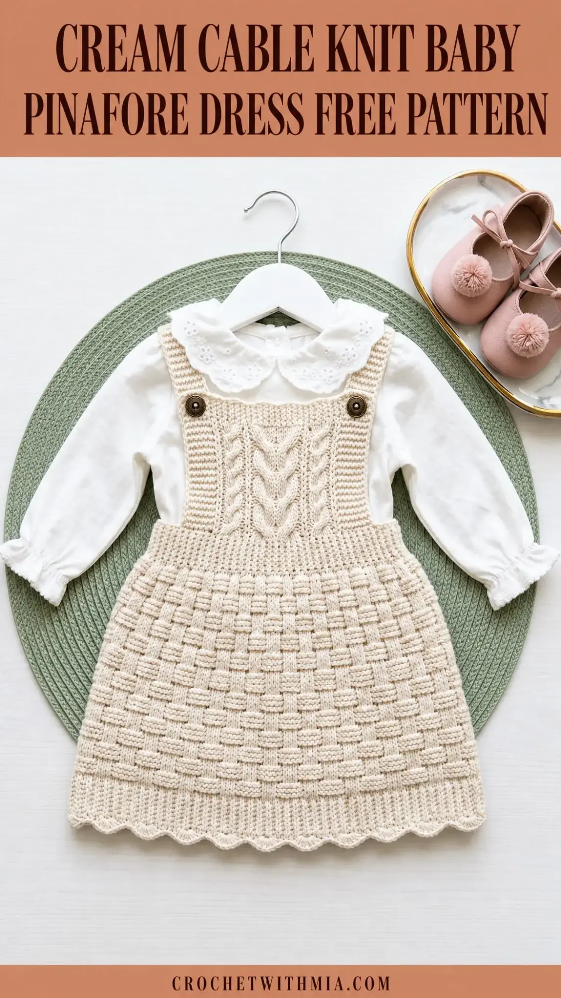 Cream Cable Knit Baby Pinafore Dress Free Crochet Pattern