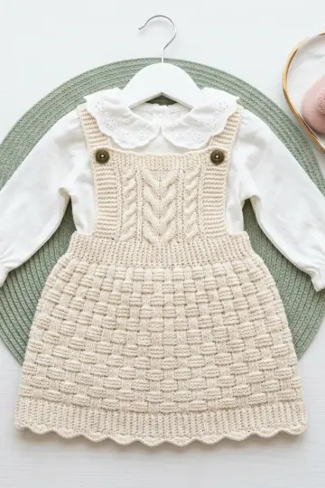 Cream Cable Knit Baby Pinafore Dress Free Crochet Pattern