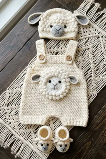 Cream Lamb Baby Romper Set Free Crochet Pattern