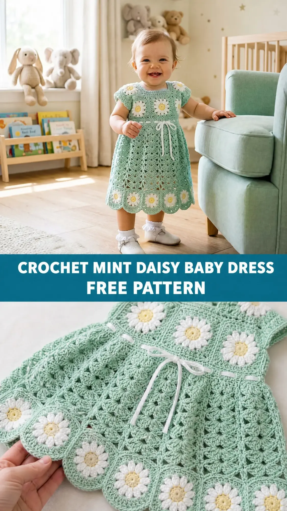 Crochet Mint Daisy Baby Dress Free Pattern