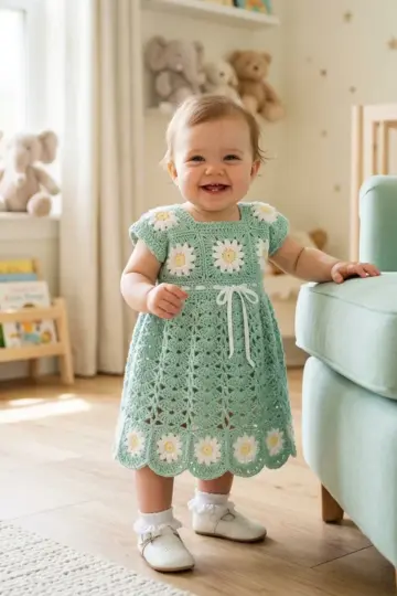Crochet Mint Daisy Baby Dress Free Pattern