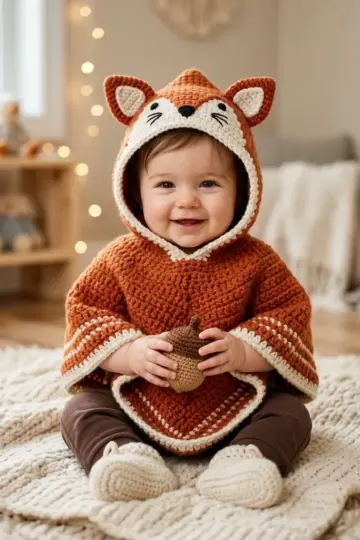 Fox Woodland Hooded Baby Poncho Free Crochet Pattern