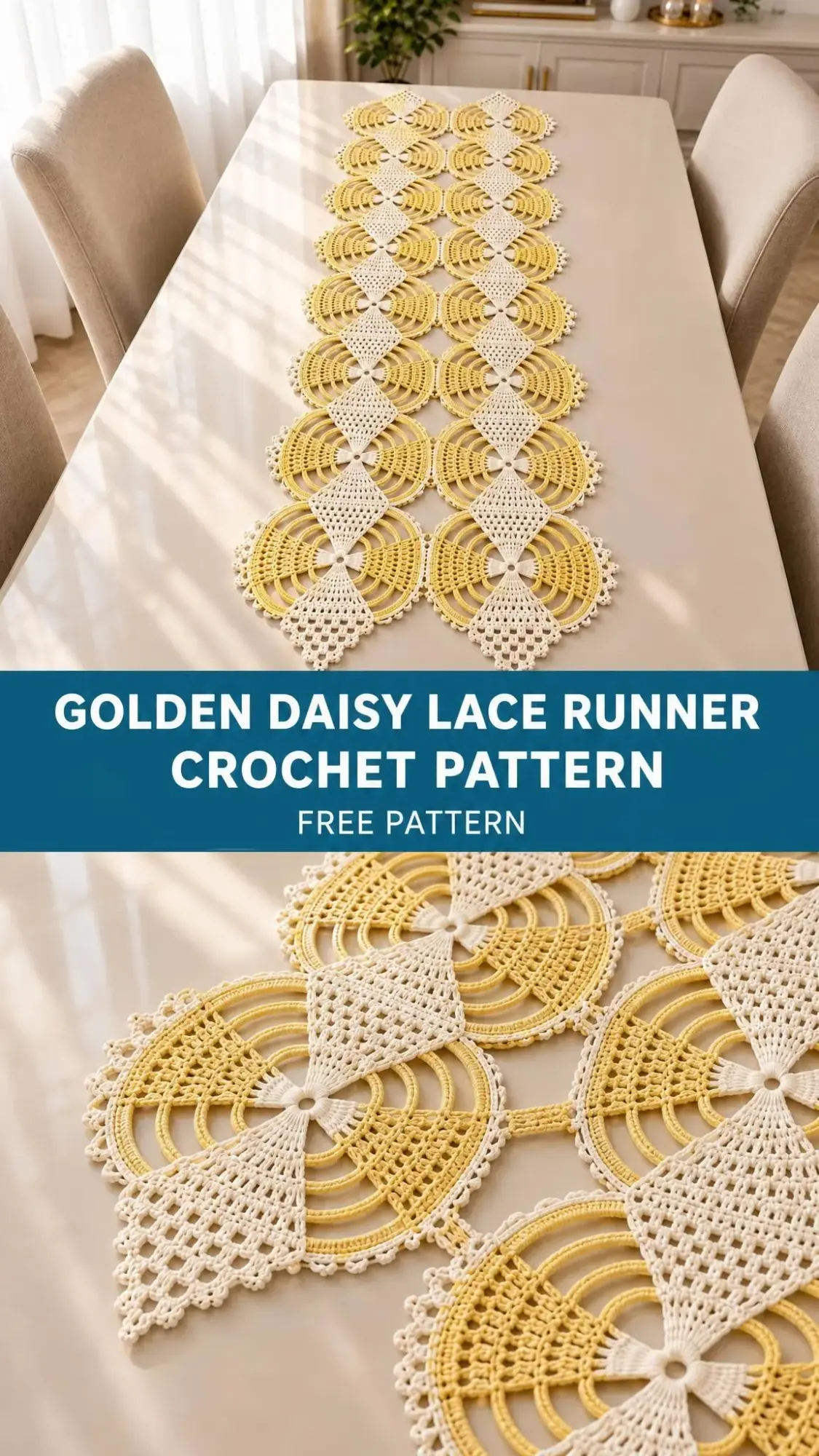 Golden Daisy Lace Runner crochet pattern showing detailed arch stitches and picot edging in two-tone cotton thread