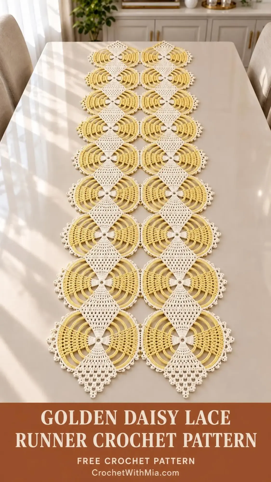 Handmade crochet lace runner featuring 14 joined medallions with layered diamond motifs in soft yellow and cream