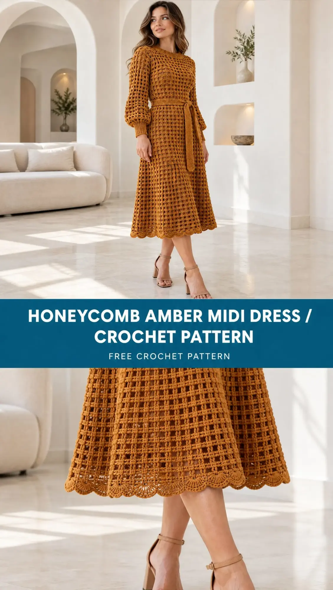 Close up of honeycomb waffle stitch texture on amber crochet midi dress showing dimensional post stitch pattern