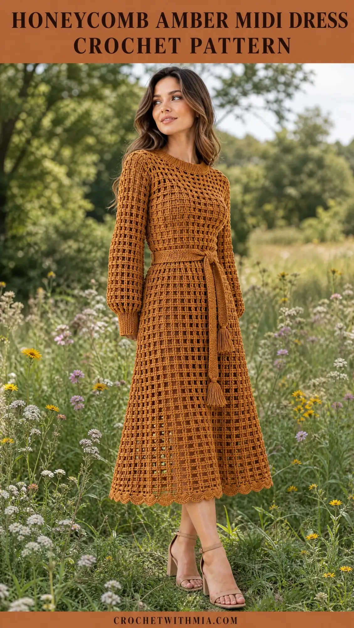 Full length amber crochet dress with set-in sleeves and tied waist sash displayed in bright modern interior setting
