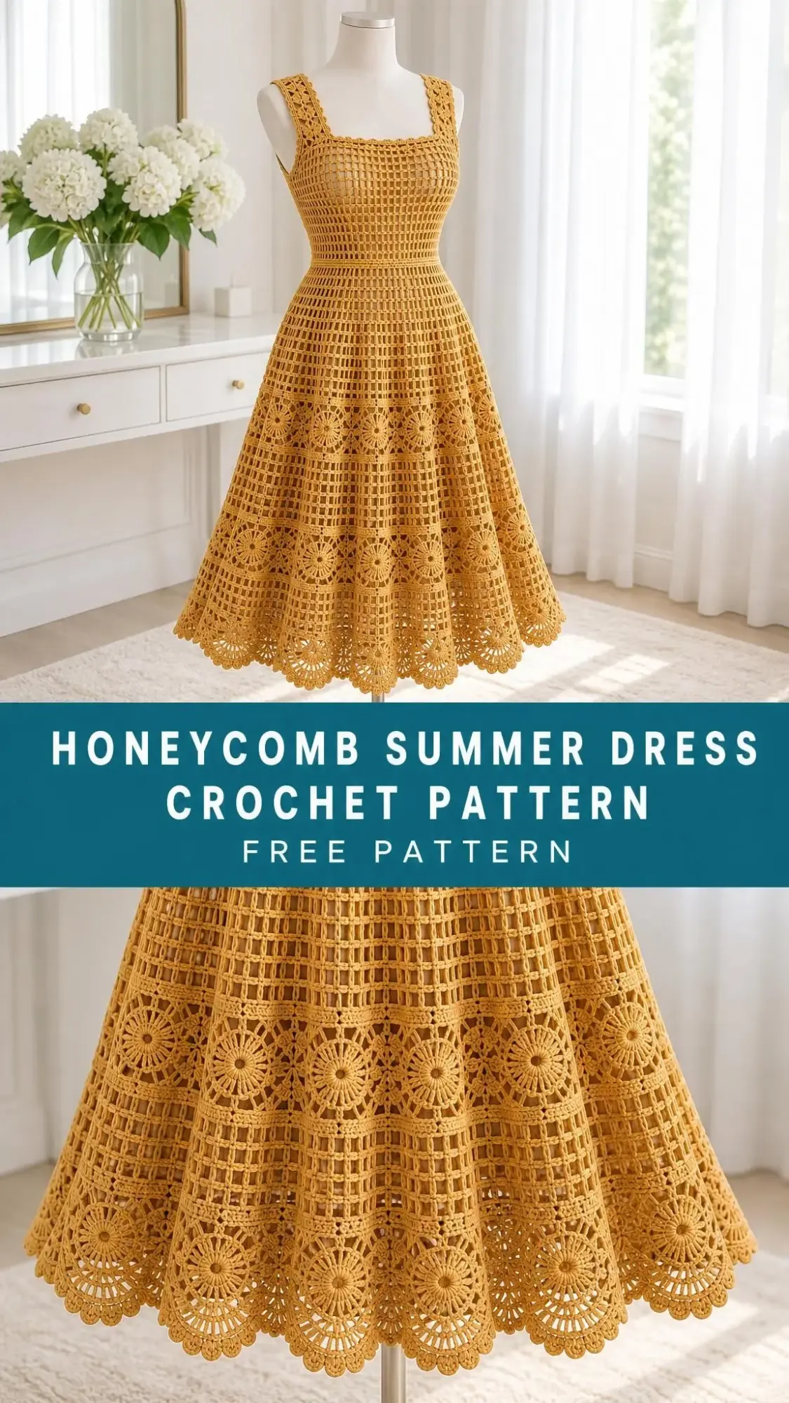 Honeycomb openwork crochet dress in warm golden yellow featuring shell trim hem and wide shoulder straps