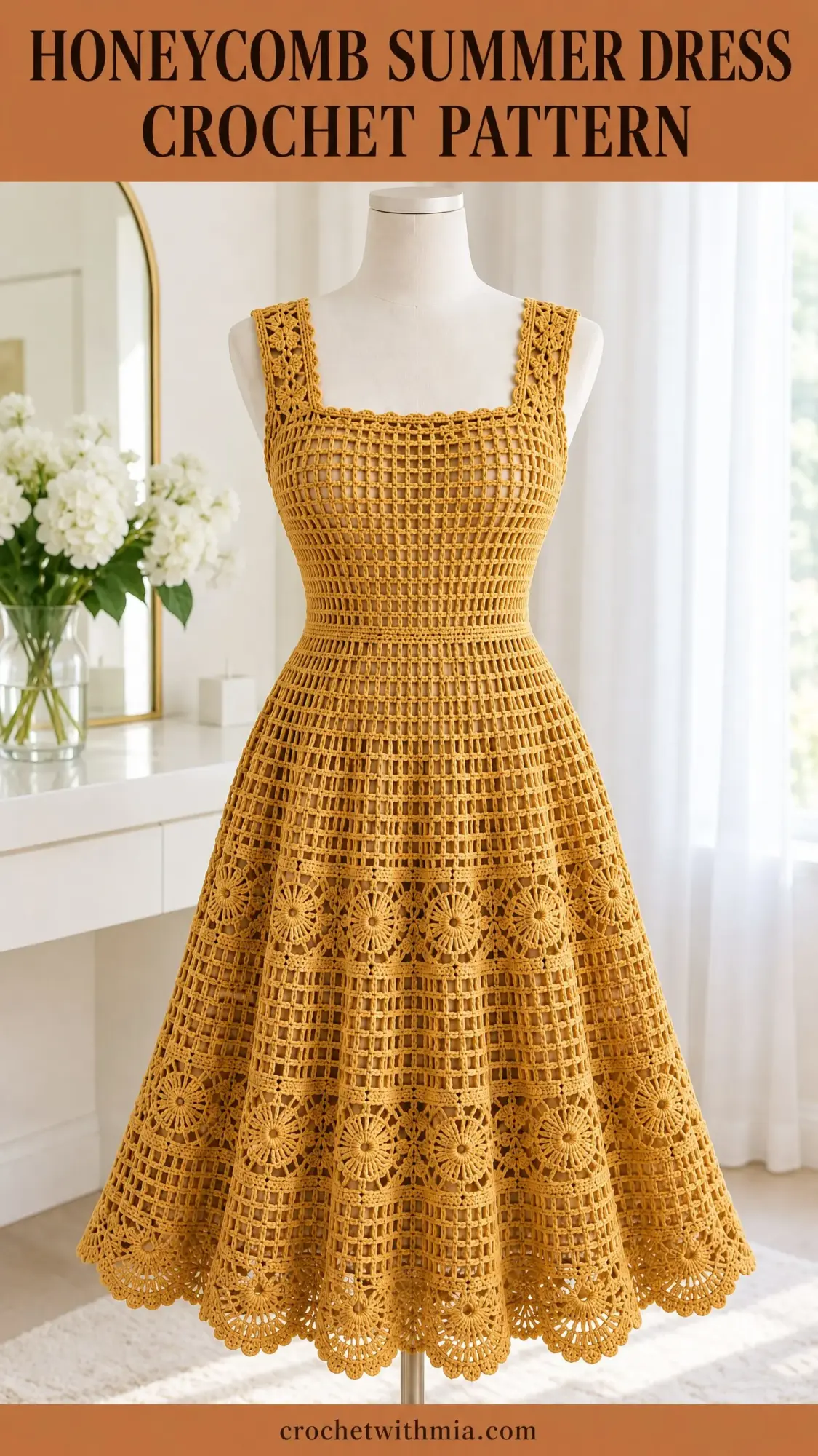 Close-up of filet mesh bodice and three-tier flared skirt on handmade crochet summer dress in honey colour