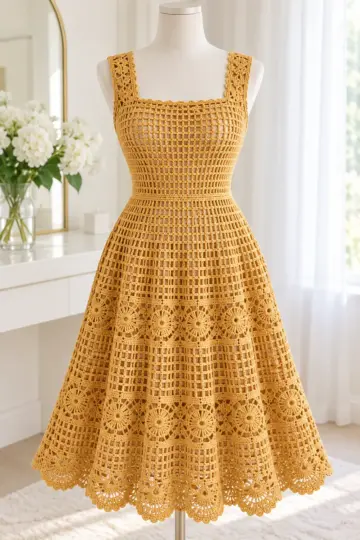 Golden honey crochet summer dress with square neckline and flared mesh skirt displayed on white mannequin