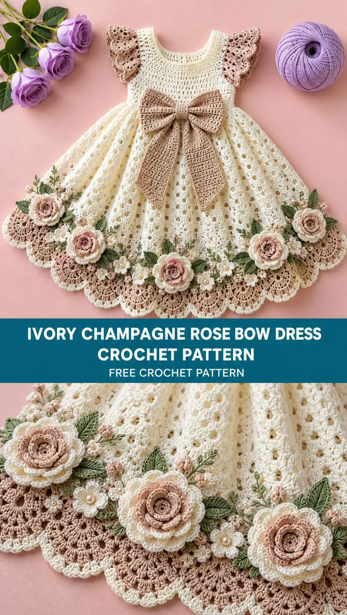 Ivory Champagne Rose Bow Dress Crochet Pattern