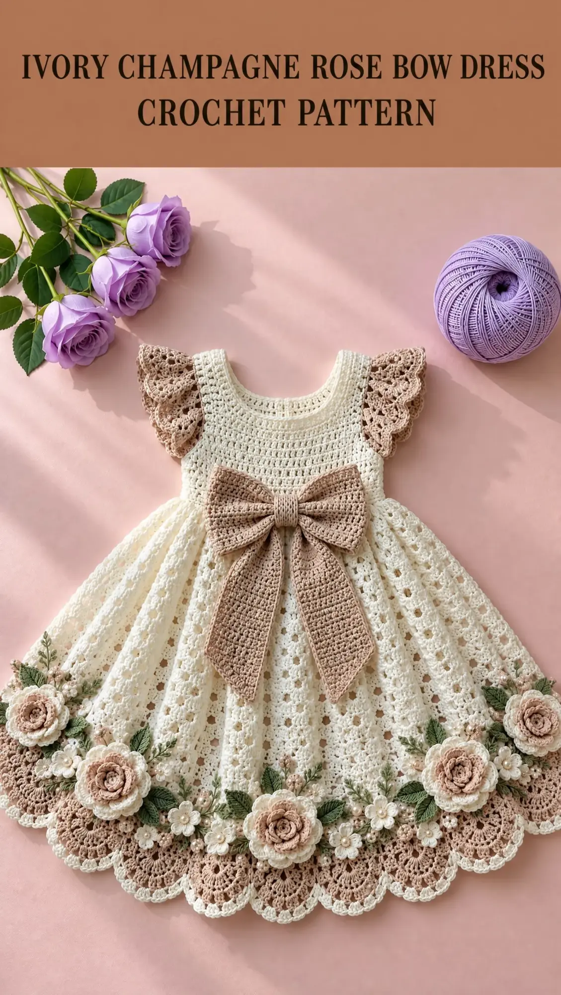 Ivory Champagne Rose Bow Dress Crochet Pattern