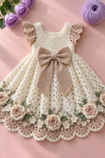 Ivory Champagne Rose Bow Dress Crochet Pattern