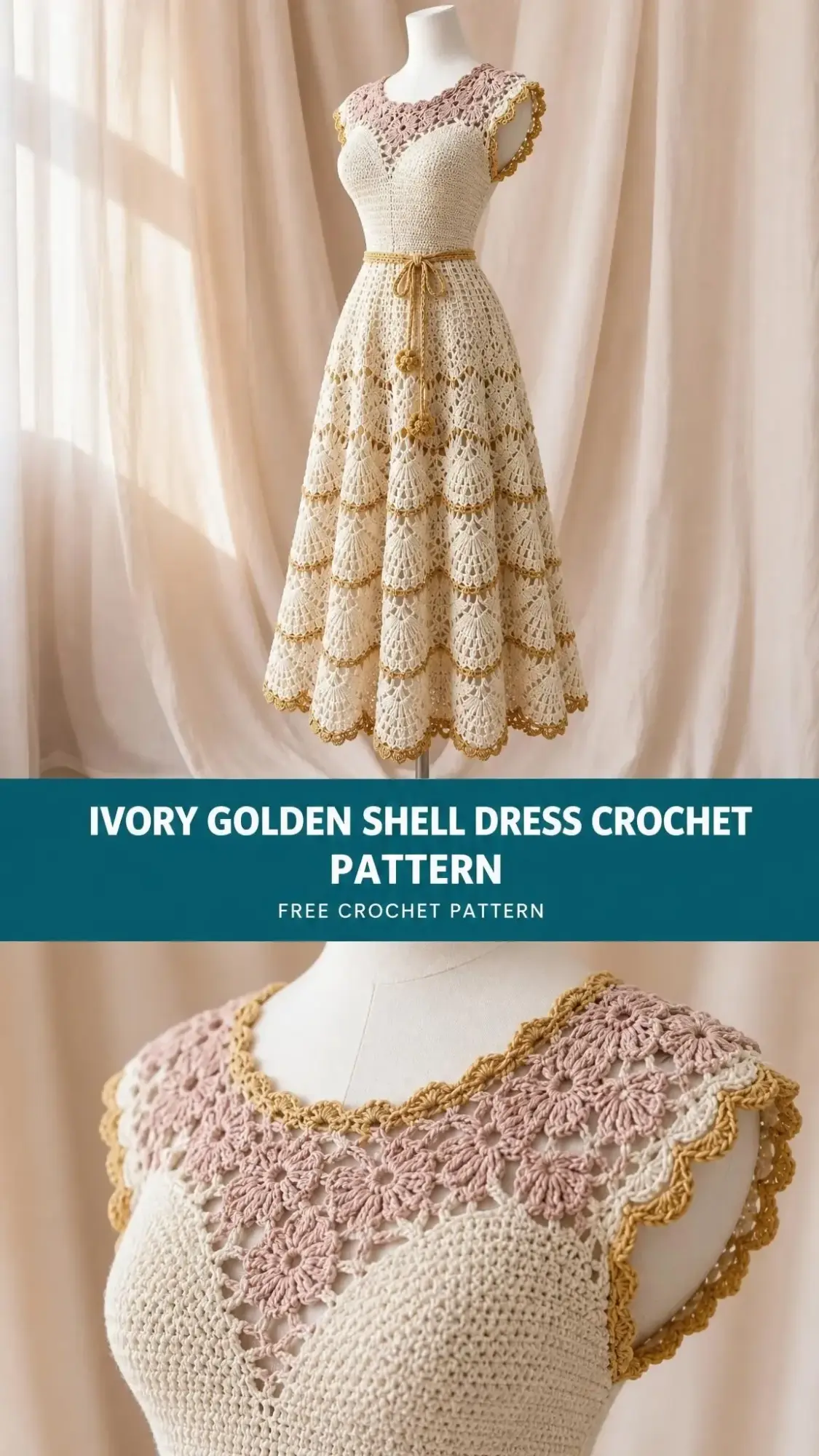 Handmade crochet midi dress featuring fan shell stitch pattern in cream with gold accents and tie belt