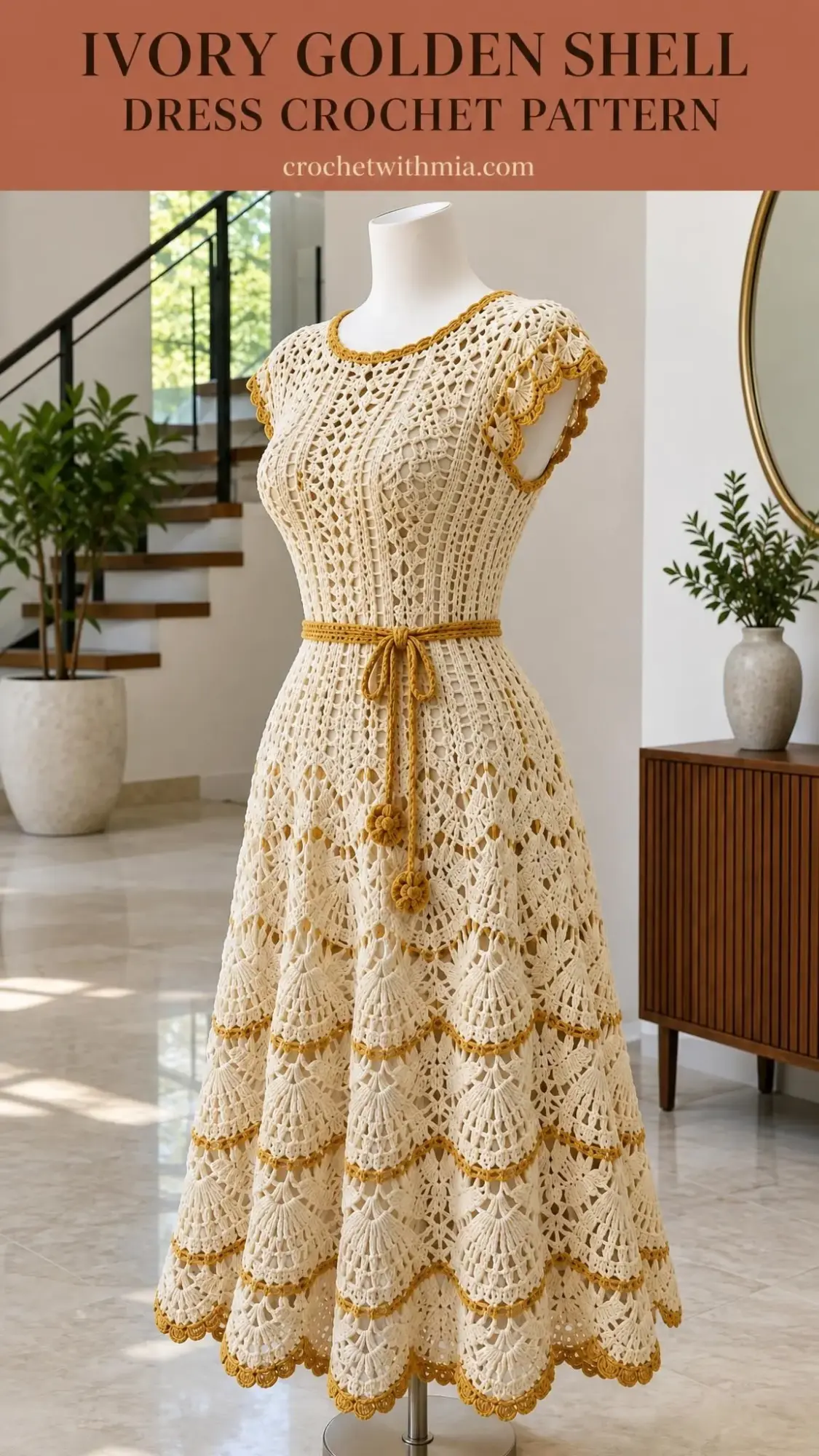 Vintage-inspired ivory crocheted dress with cap sleeves and cascading shell stitch skirt on mannequin