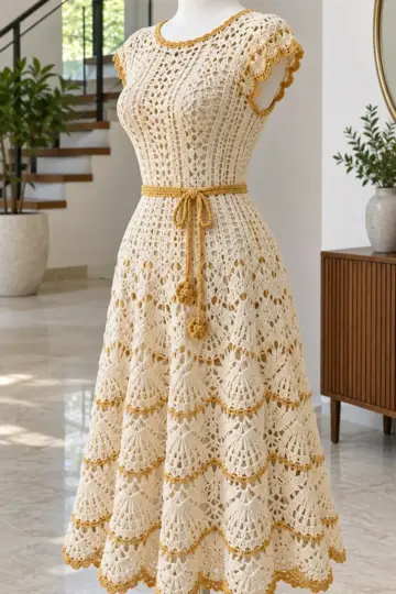Ivory crochet shell dress with honey gold trim and scalloped skirt displayed on dress form in bright room