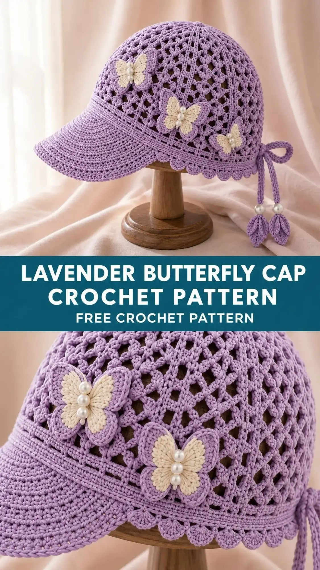 Close up of lavender crochet visor cap showing open mesh texture and three decorative butterflies with pearl centers