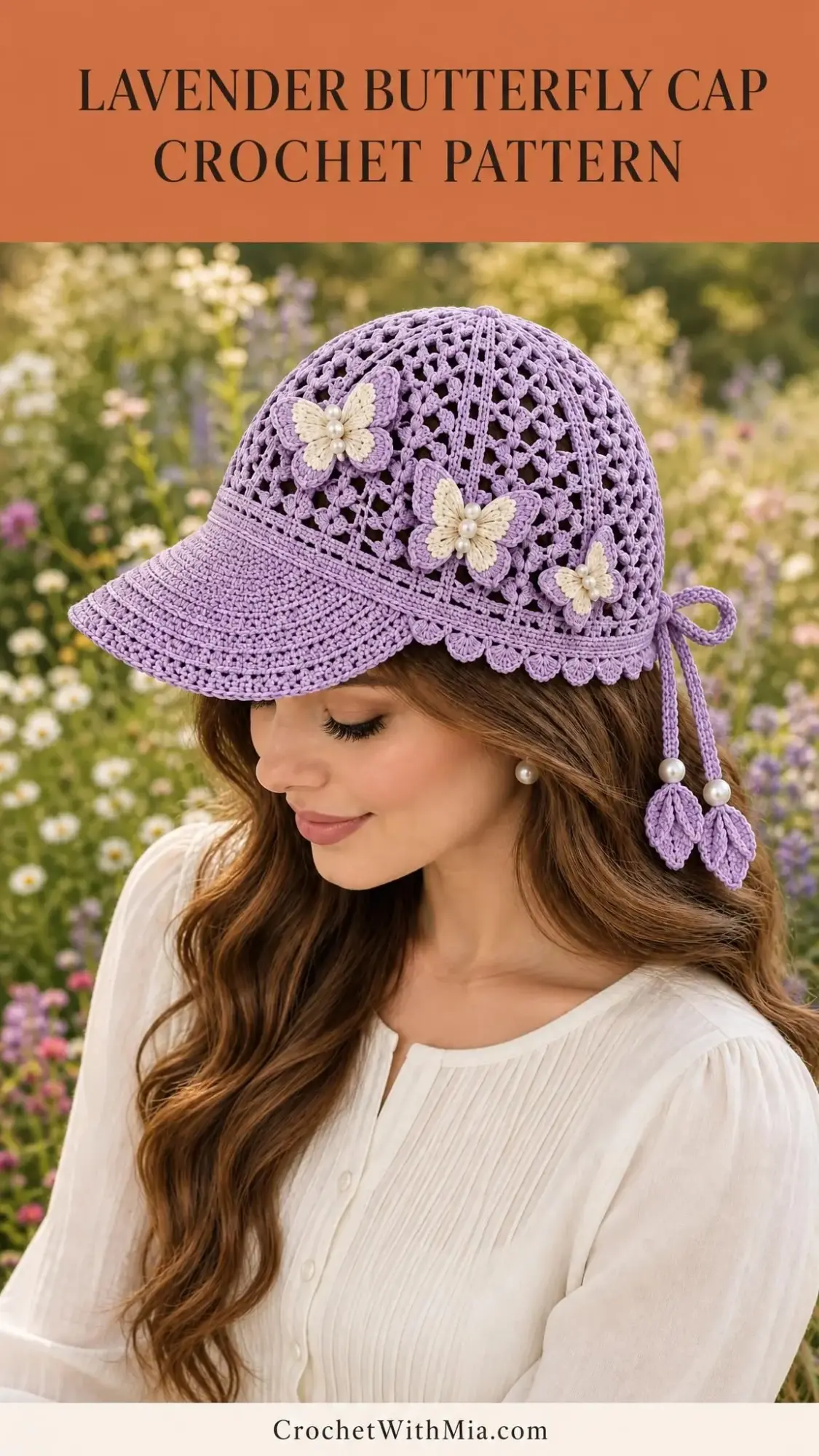 Side view of fitted lavender crochet cap with dense visor, picot edging, and ribbon ties with leaf details