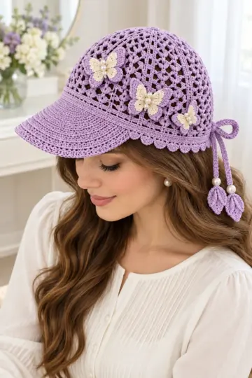 Lavender crocheted ponytail cap with mesh crown, scalloped edge, and ivory butterfly appliques worn by woman