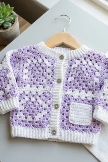 Lavender Granny Square Baby Cardigan Free Crochet Pattern