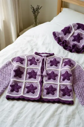 Lavender Star Granny Square Cardigan Set Free Crochet Pattern