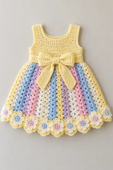 Lemon Rainbow Flower Baby Dress Crochet Pattern