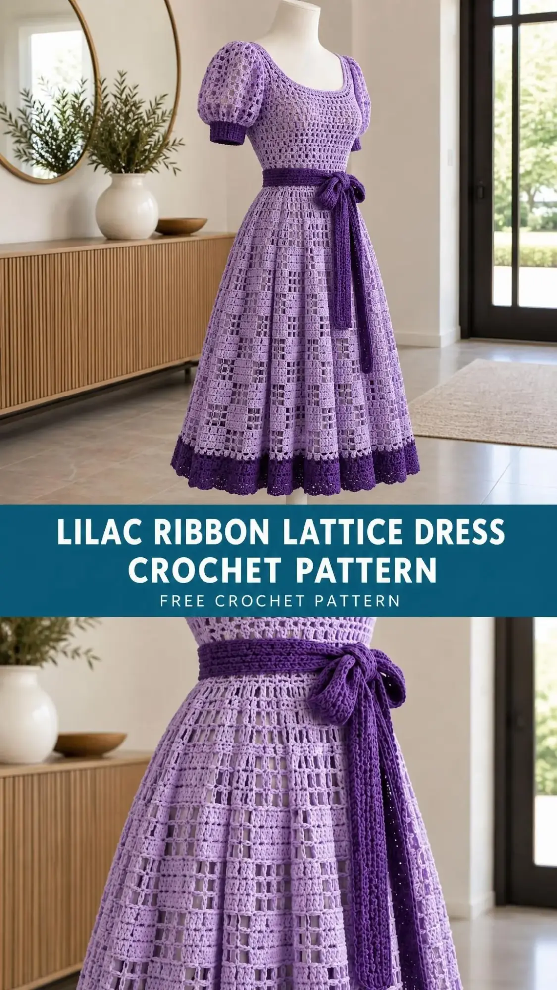 Tea-length lilac crochet dress featuring checker lattice stitch pattern and deep violet scalloped hem