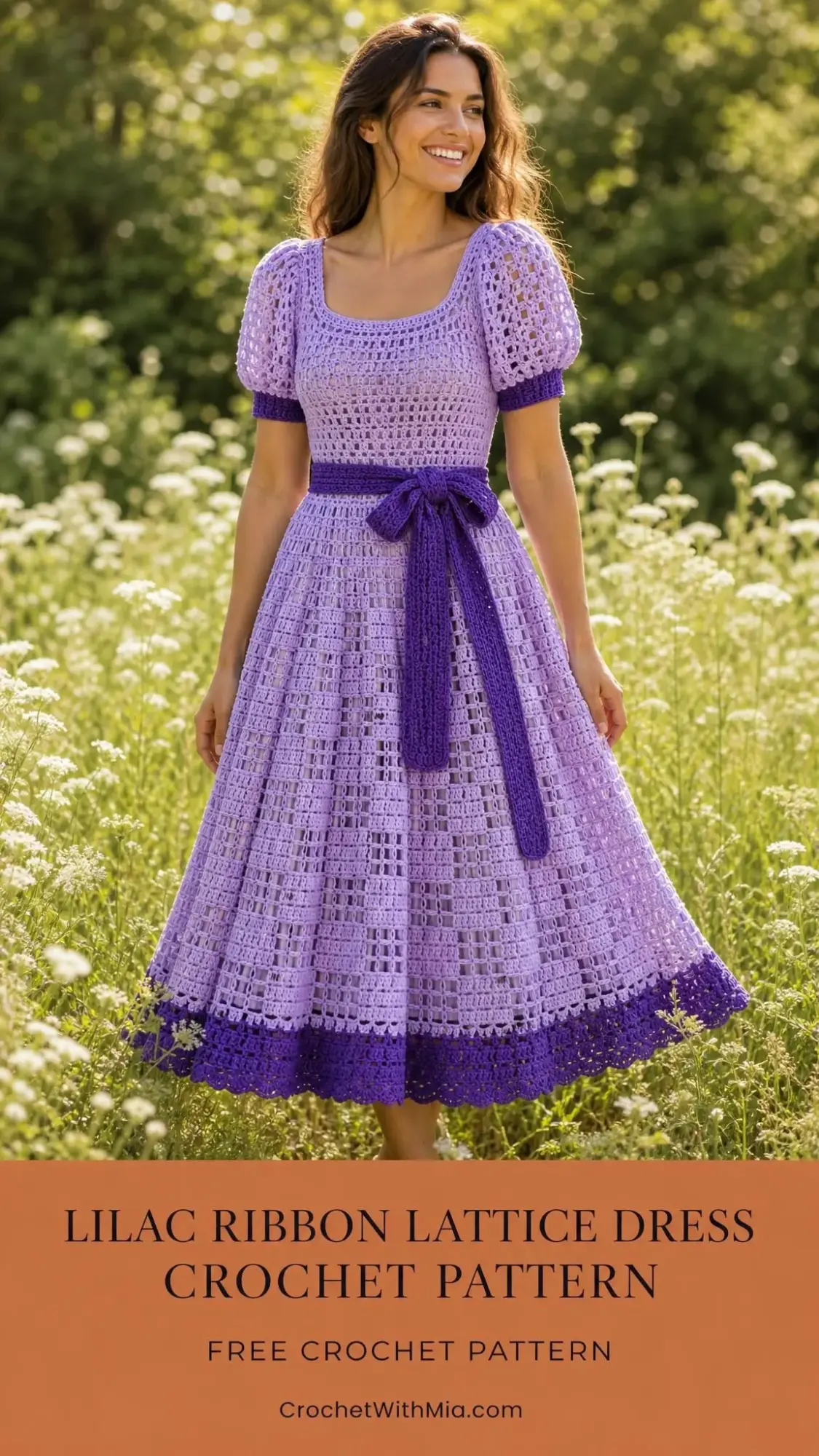Close-up of lilac ribbon lattice crochet dress showing openwork bodice and gathered skirt with violet accents