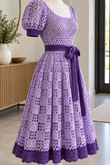 Lilac crochet lattice dress with puff sleeves and violet ribbon belt displayed on white mannequin