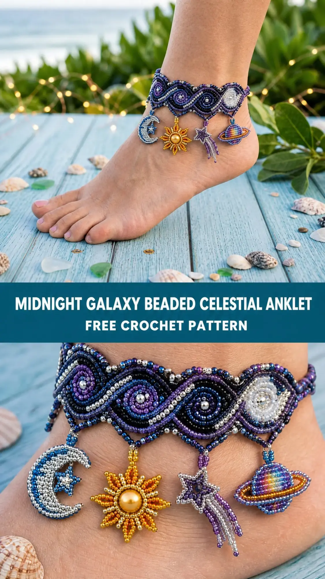 Midnight Galaxy Beaded Celestial Anklet Free Crochet Pattern