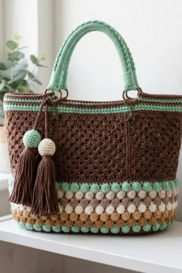 Mint Chocolate Granny Square Tote Free Crochet Pattern