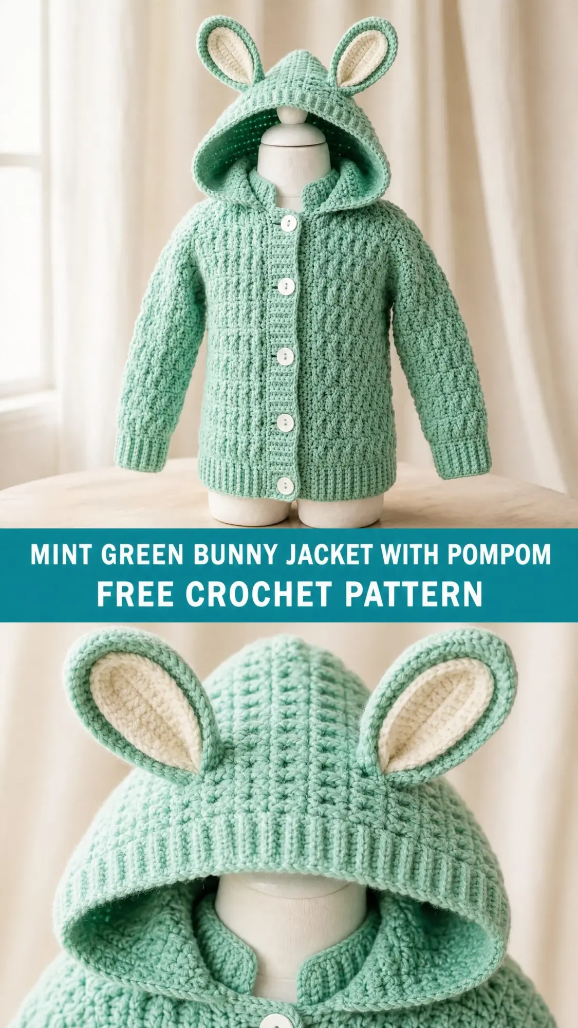 Mint Green Bunny Jacket with Pompom Free Crochet Pattern