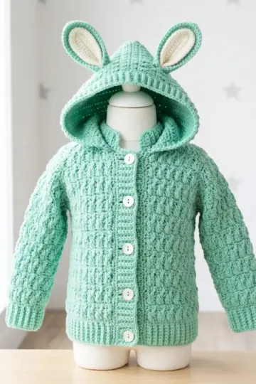 Mint Green Bunny Jacket with Pompom Free Crochet Pattern