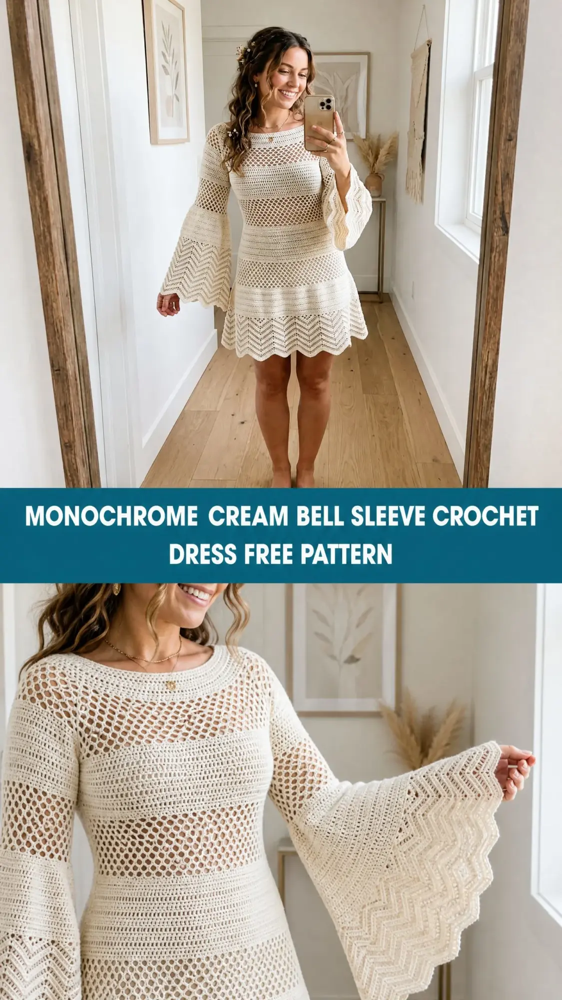 Monochrome Cream Bell Sleeve Crochet Dress Free Pattern