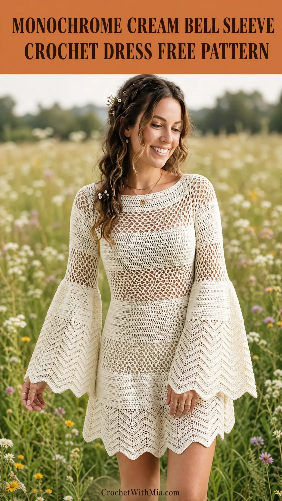 Monochrome Cream Bell Sleeve Crochet Dress Free Pattern