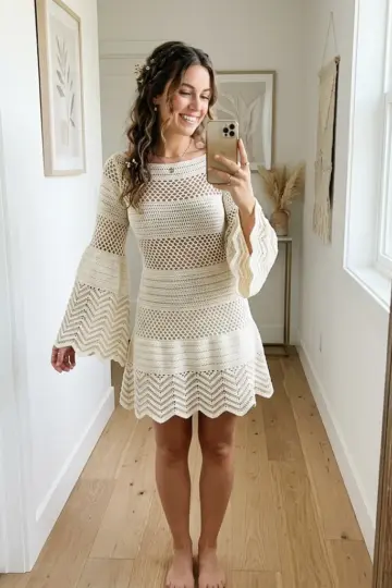 Monochrome Cream Bell Sleeve Crochet Dress Free Pattern