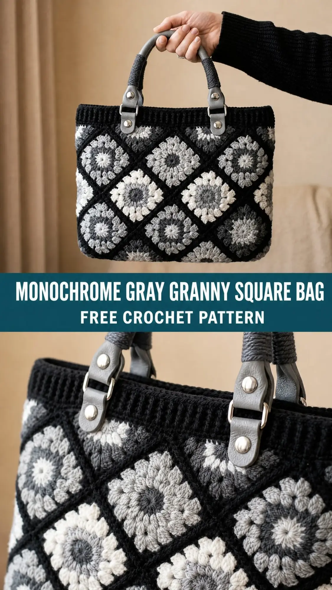Monochrome Gray Granny Square Bag Free Crochet Pattern