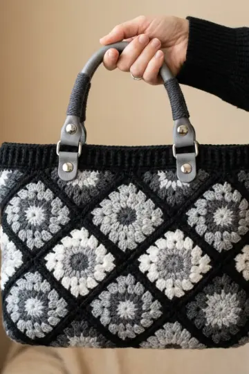 Monochrome Gray Granny Square Bag Free Crochet Pattern