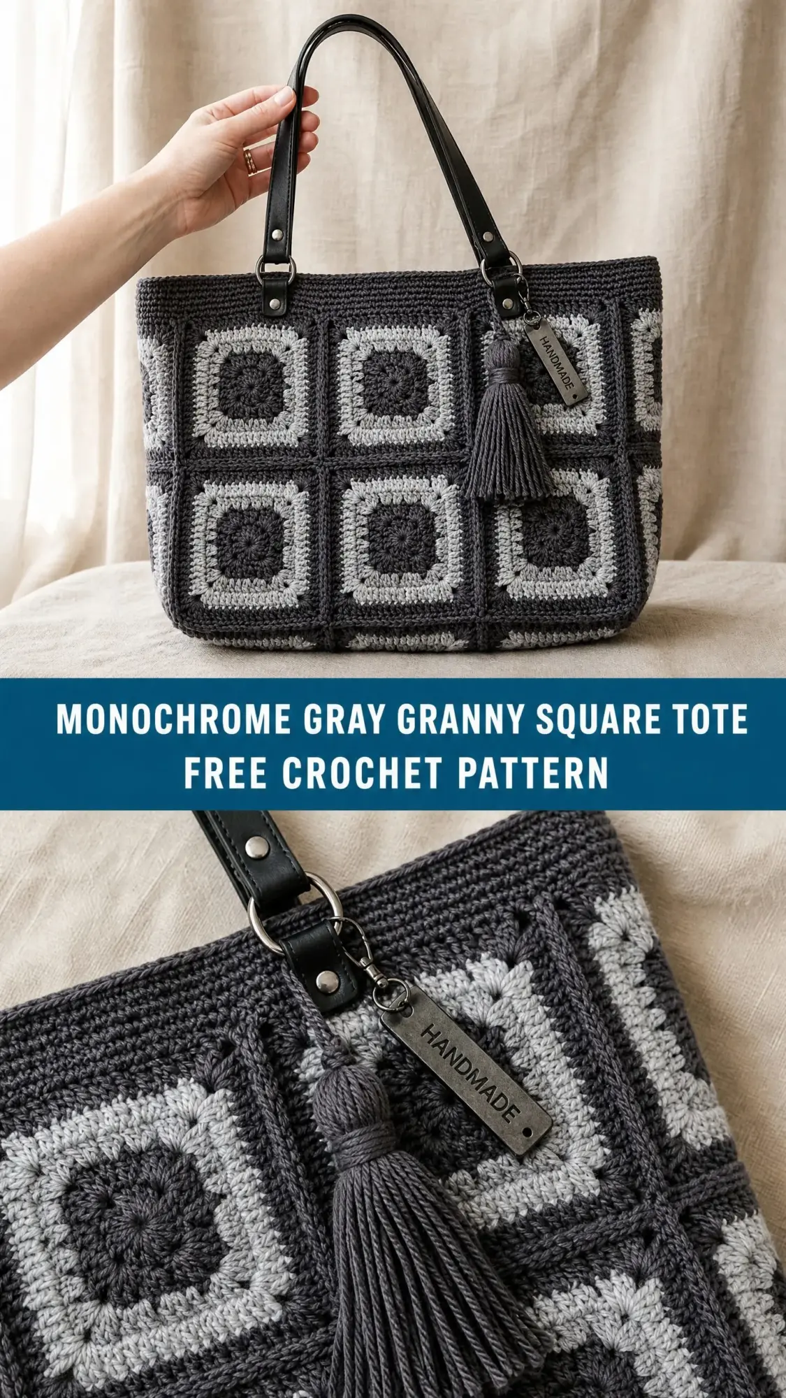 Monochrome Gray Granny Square Tote Free Crochet Pattern