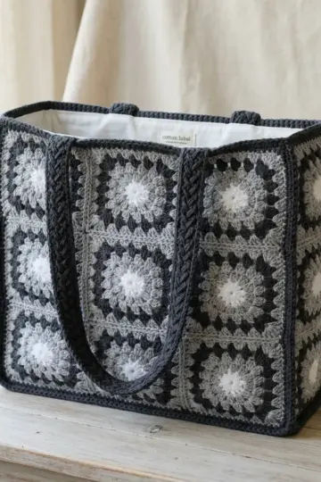 Monochrome Gray Granny Square Tote Free Crochet Pattern