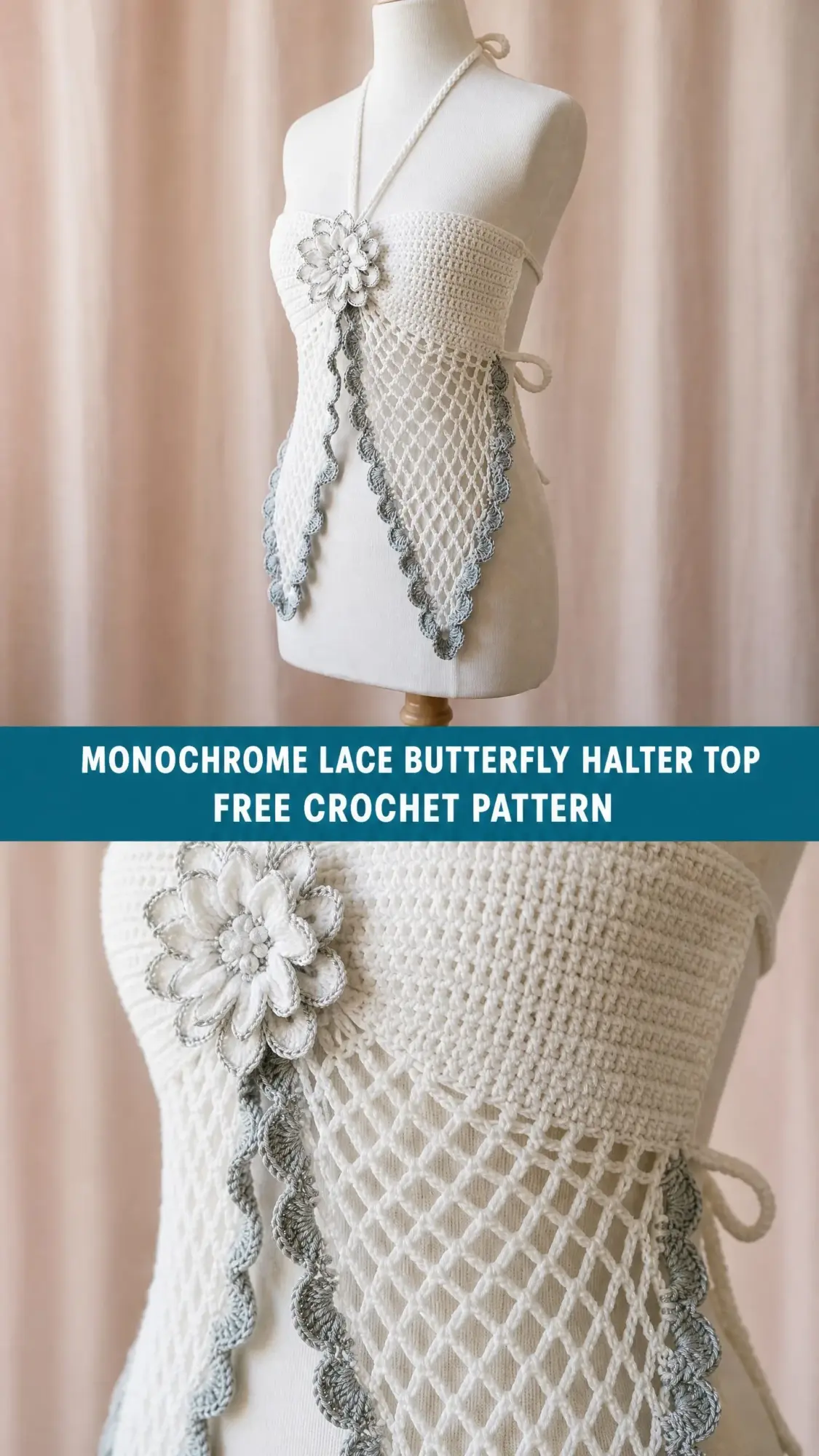 Monochrome Lace Butterfly Halter Top Free Crochet Pattern