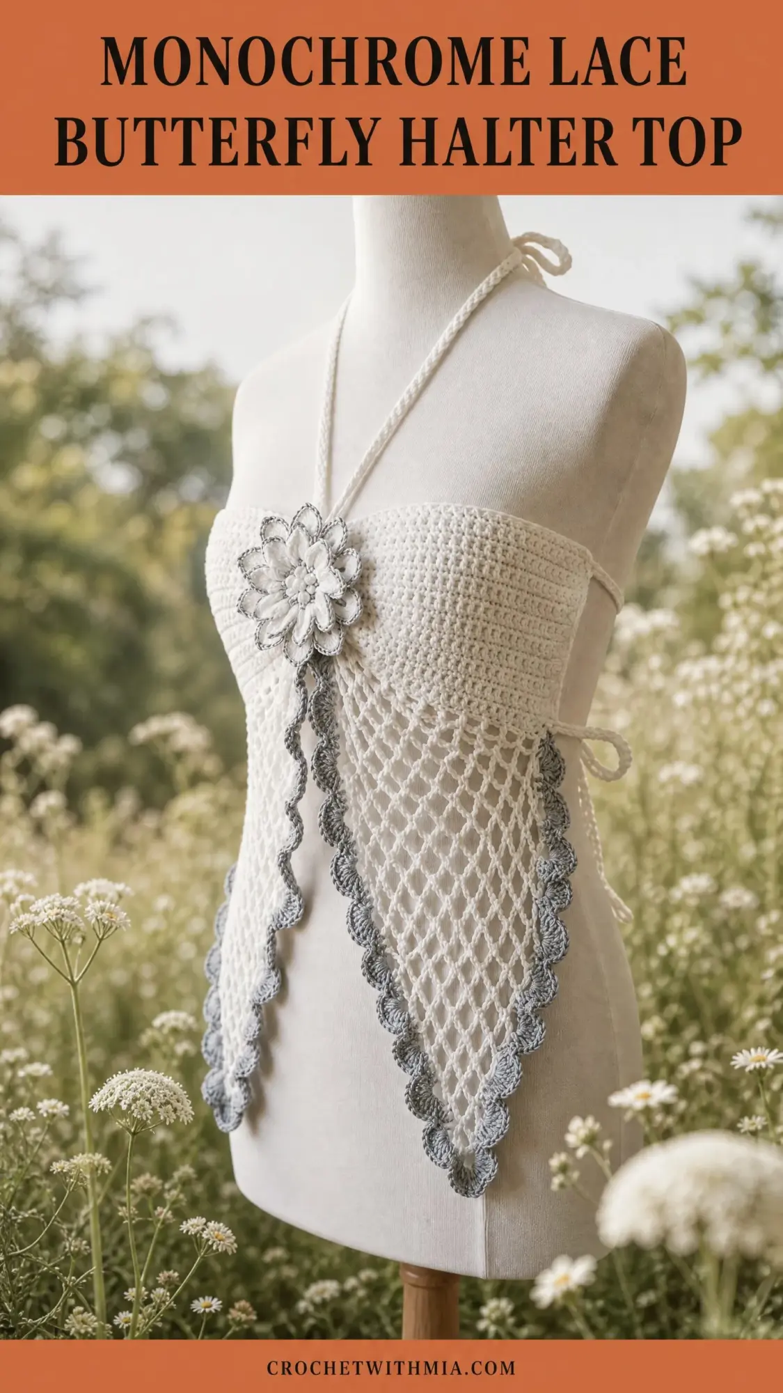 Monochrome Lace Butterfly Halter Top Free Crochet Pattern