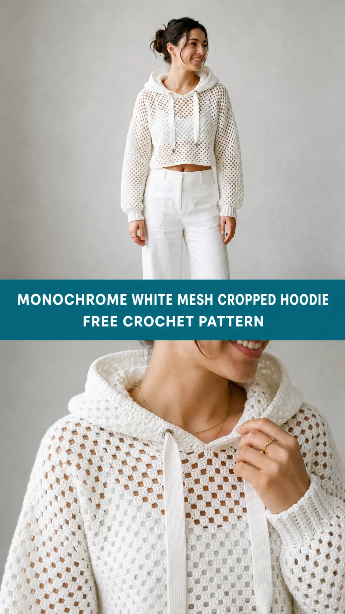 Monochrome White Mesh Cropped Hoodie Free Crochet Pattern