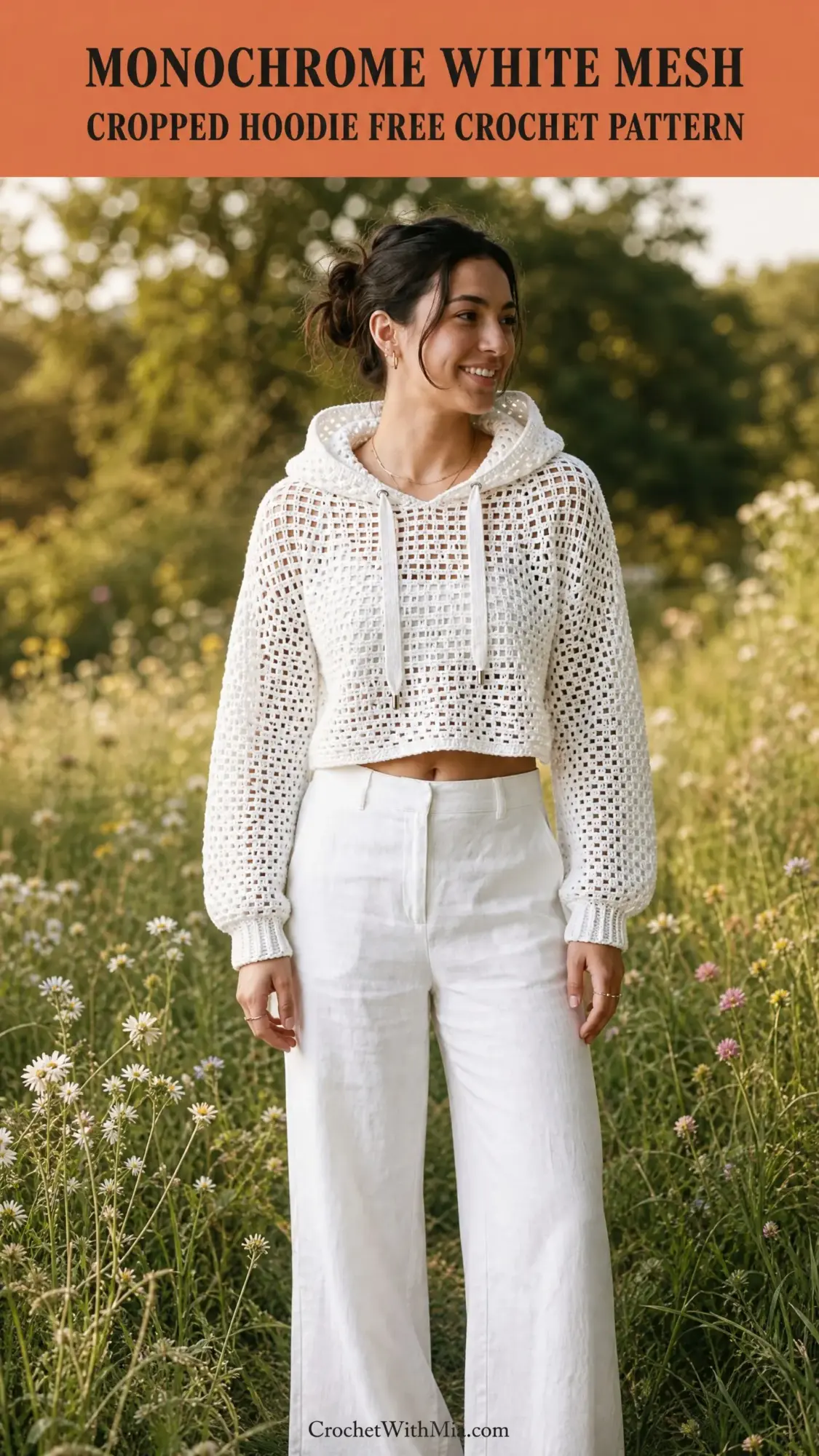 Monochrome White Mesh Cropped Hoodie Free Crochet Pattern